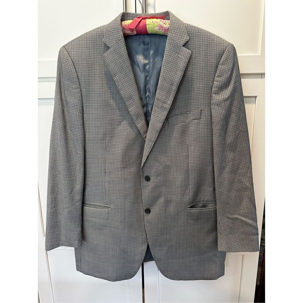 Peter Millar Blue Brown Houndstooth 100% Wool Sport Blazer Coat Men’s Sz 44T